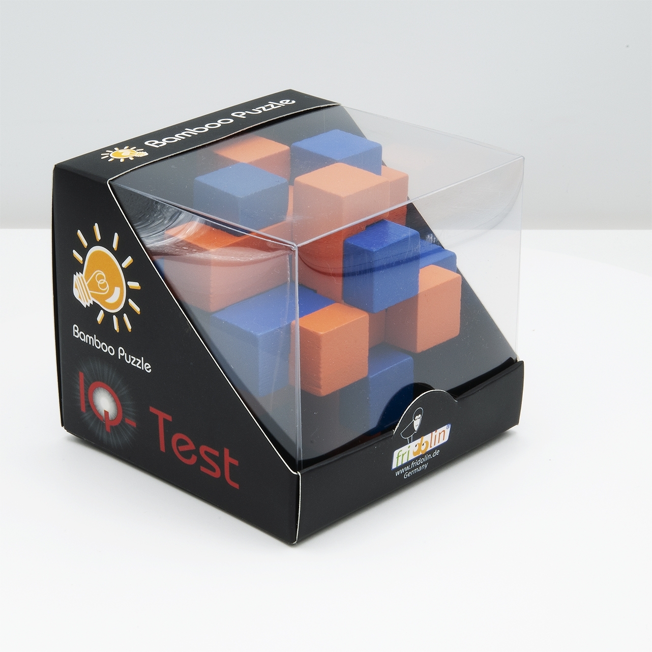 IQ-Test, bamboo puzzle, Cube Cross, blue/orange