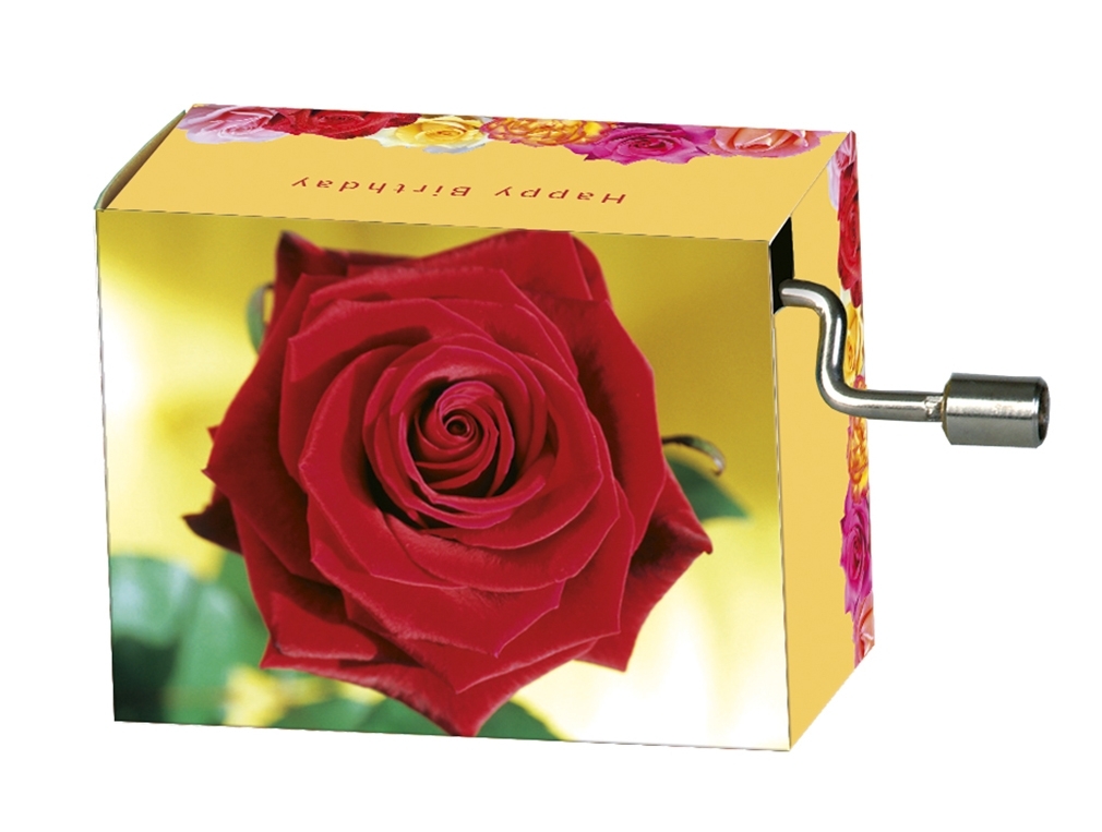 Music box, Happy Birthday, Red rose on yellow