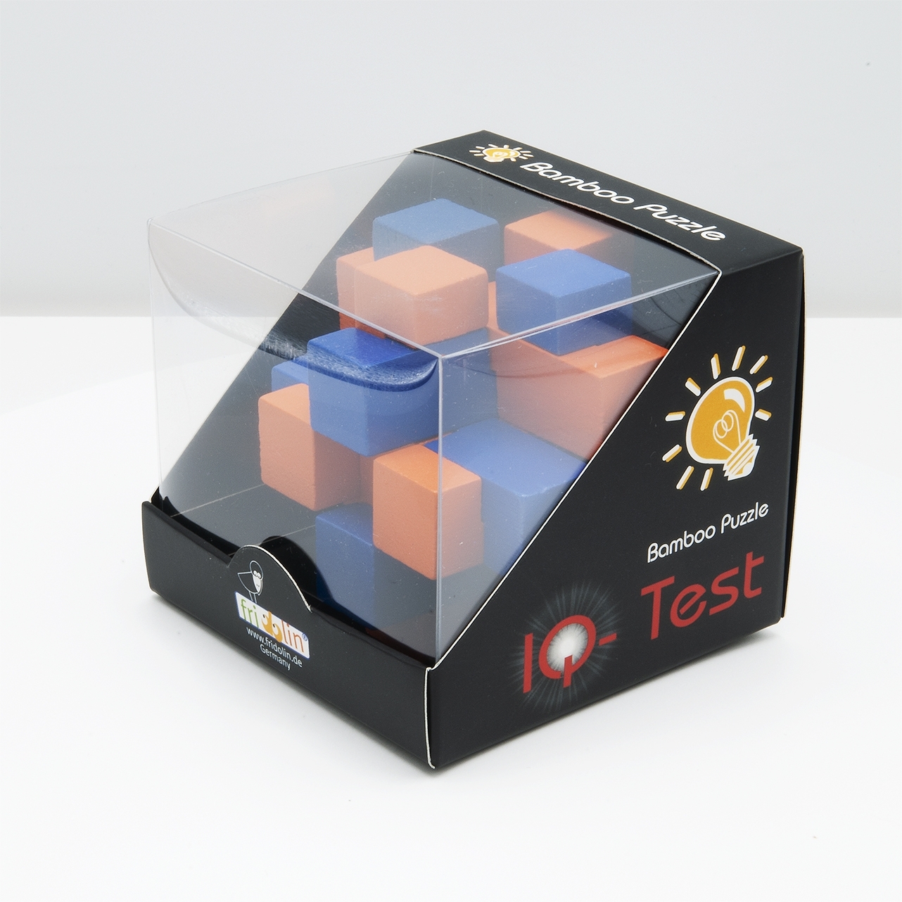 IQ-Test, bamboo puzzle, Cube Cross, blue/orange