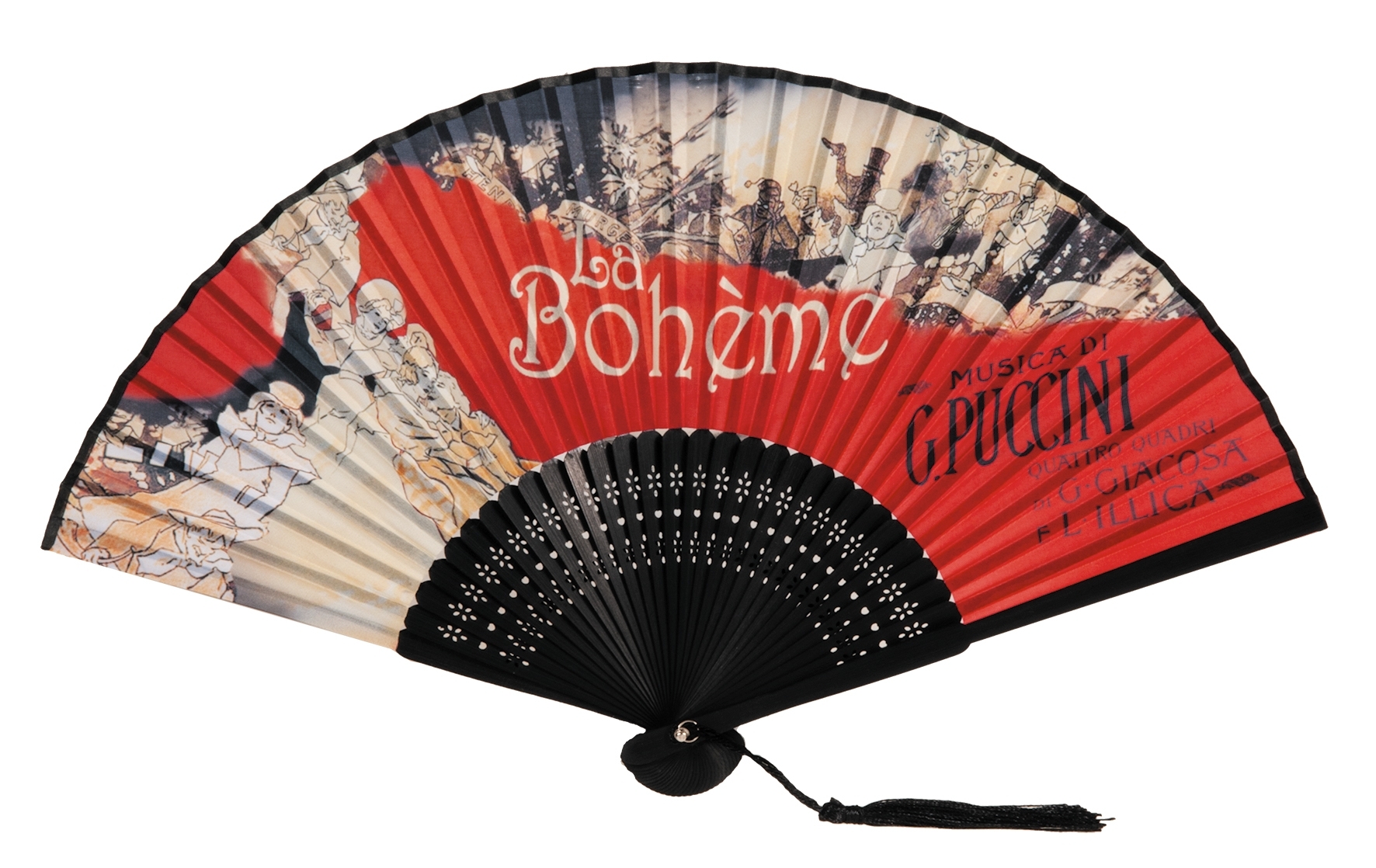 Fan, La Bohème, Puccini, with bag, bamboo
