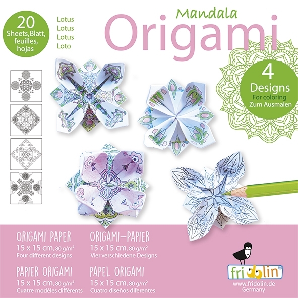 Mandala Colouring Origami, Lotus, 20 sheets, 15x15