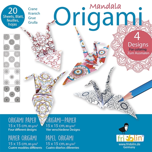 Mandala Colouring Origami, Crane, 20 sheets, 15x15