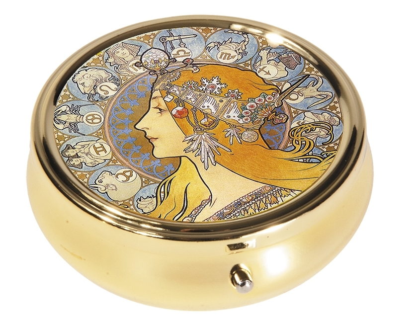 pillbox large, round, Art Nouveau, Zodiac