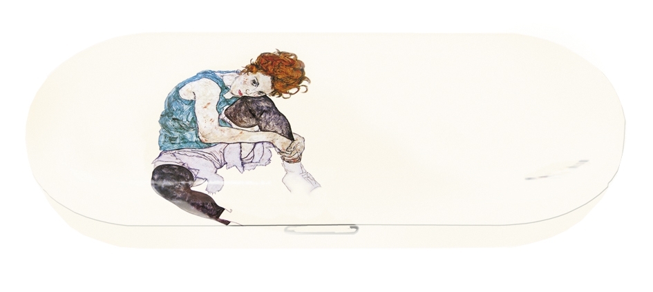 Spectacle case, Schiele, Seated woman, metal