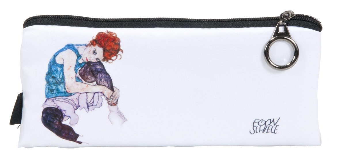 pencil bag, Schiele, Seated woman with bend knee