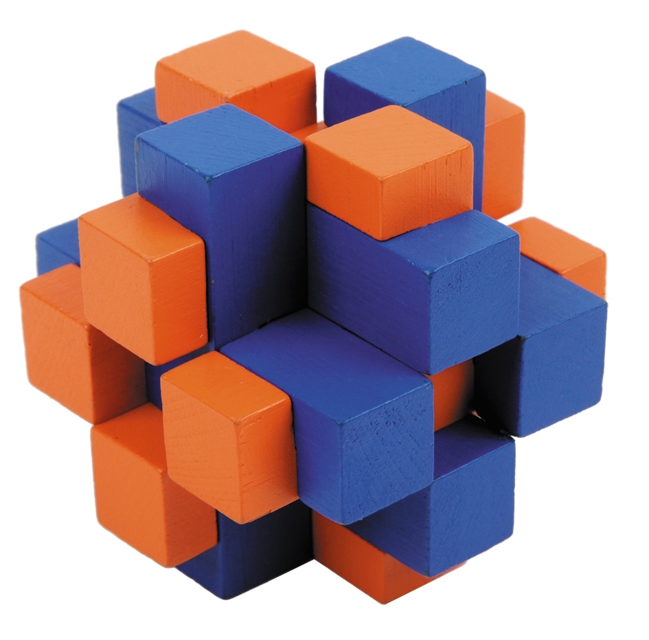 IQ-Test, bamboo puzzle, Cube Cross, blue/orange