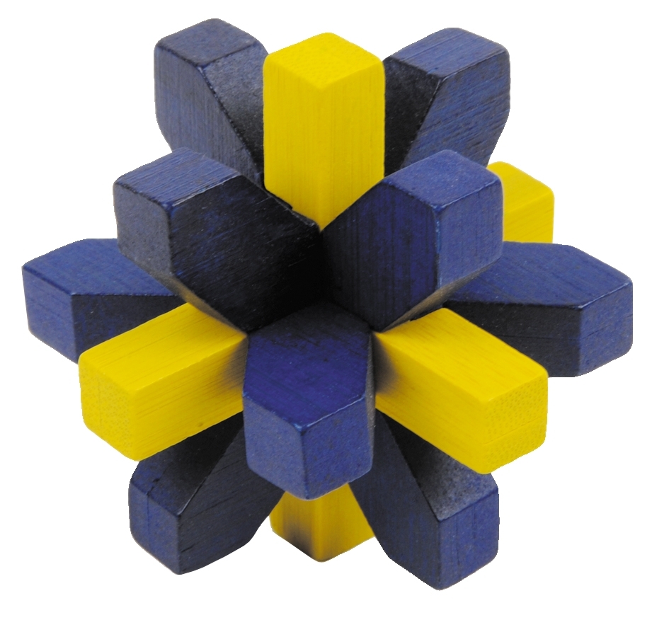 IQ-Test, bamboo puzzle, Crystal, blue, yellow