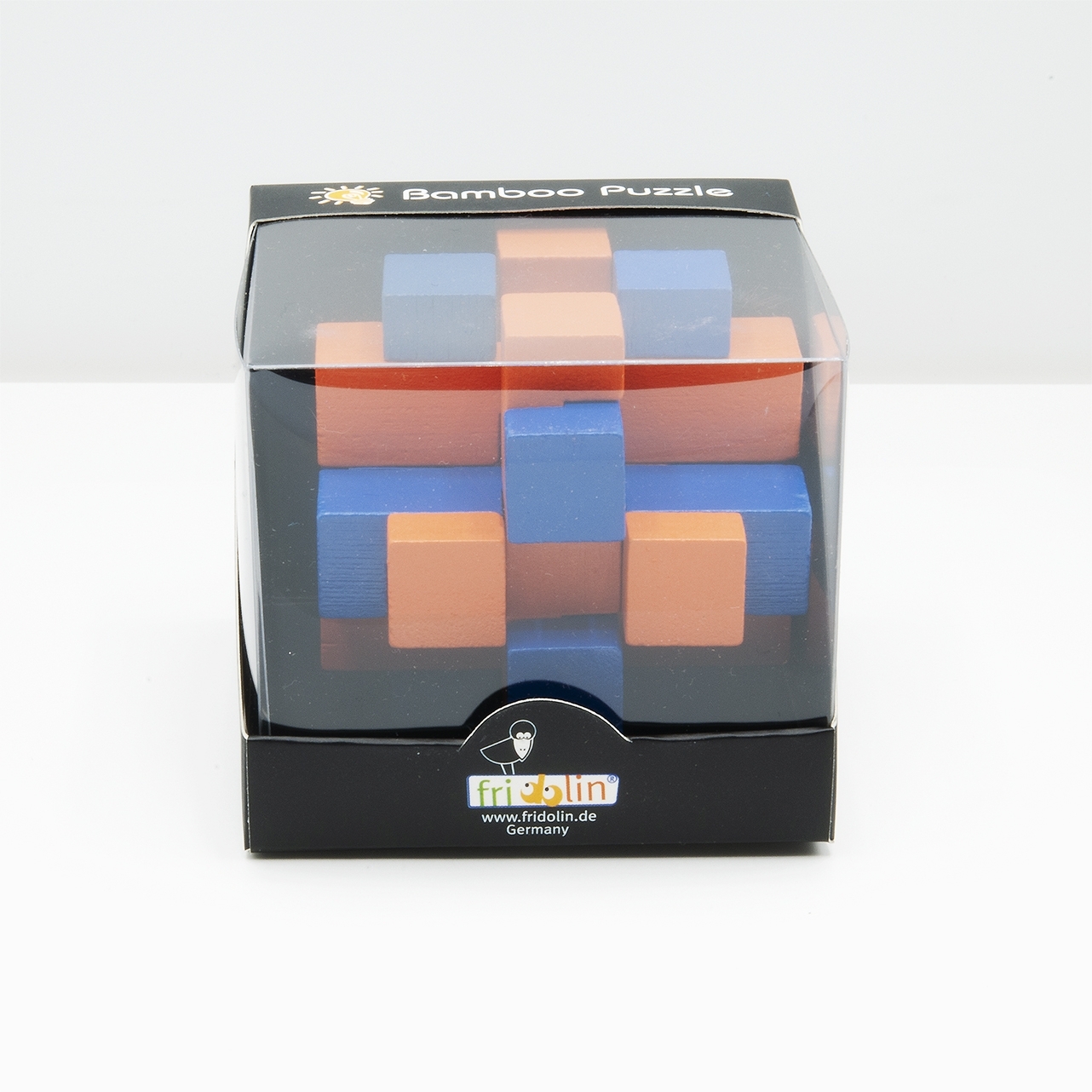 IQ-Test, bamboo puzzle, Cube Cross, blue/orange