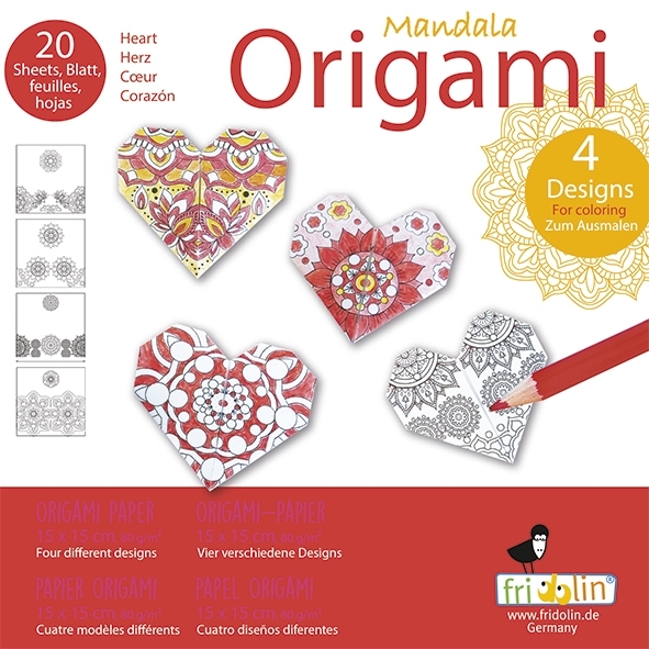 Mandala Colouring Origami, heart, 20 sheets, 15x15